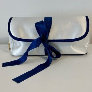 DIOR white satin cosmetic bag make up case blue satin ties magnetic closure